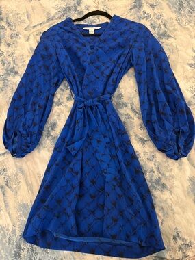 Diane Von Furstenberg Cobalt Blue Printed Long-Sleeve Tie-Waist Dress